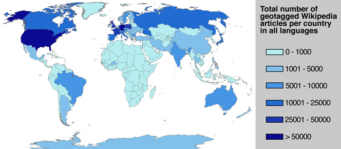 Analysis of geo-tagged Wikipedia articles reveals that some regions of the world are underrepresented. Map by Mark Graham. Map of frequency of geotagged wikipedia articles by country