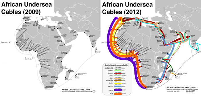 Map of African Undersea Cables in 2009 and 2012