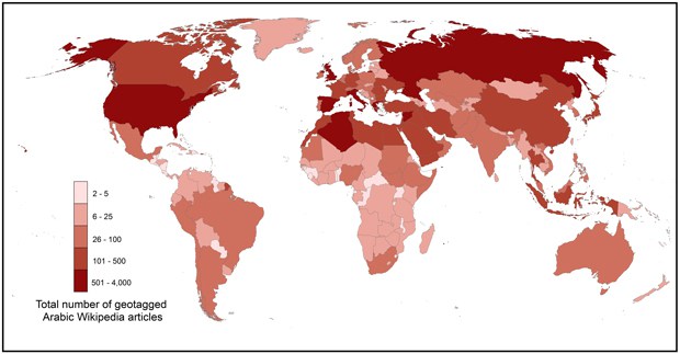 Figure 5. Total number of geotagged articles in the Arabic Wikipedia by country.