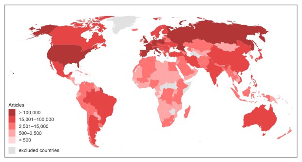 Total number of geotagged Wikipedia articles across 44 surveyed languages. Graham, M., Hogan, B., Straumann, R. K., and Medhat, A. 2014. Uneven Geographies of User-Generated Information: Patterns of Increasing Informational Poverty. Annals of the Association of American Geographers (forthcoming).
