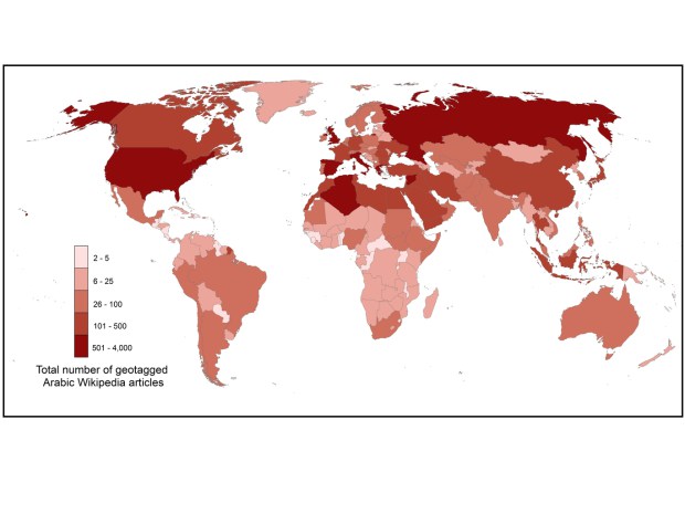 Total number of geotagged articles in the Arabic Wikipedia by country Graham, M., Hogan, B., Straumann, R. K., and Medhat, A. 2014. Uneven Geographies of User-Generated Information: Patterns of Increasing Informational Poverty. Annals of the Association of American Geographers (forthcoming).