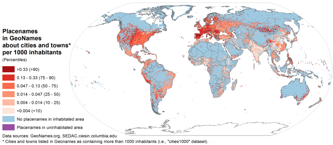 Spatial distibution of placenames in GeoNames included in the dataset of populated places with more than a thousand inhabitants, compared to the spatial distribution of population