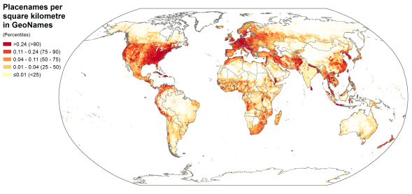 Spatial distribution of placenames in the GeoNames gazetteer