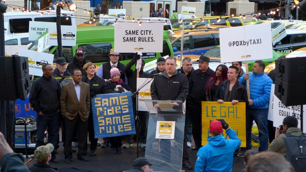 protested fair taxi laws by parking in Pioneer square. Organizers want city leaders to make ride-sharing companies play by the same rules as cabs and Town cars. Image: Aaron Parecki (Flickr).