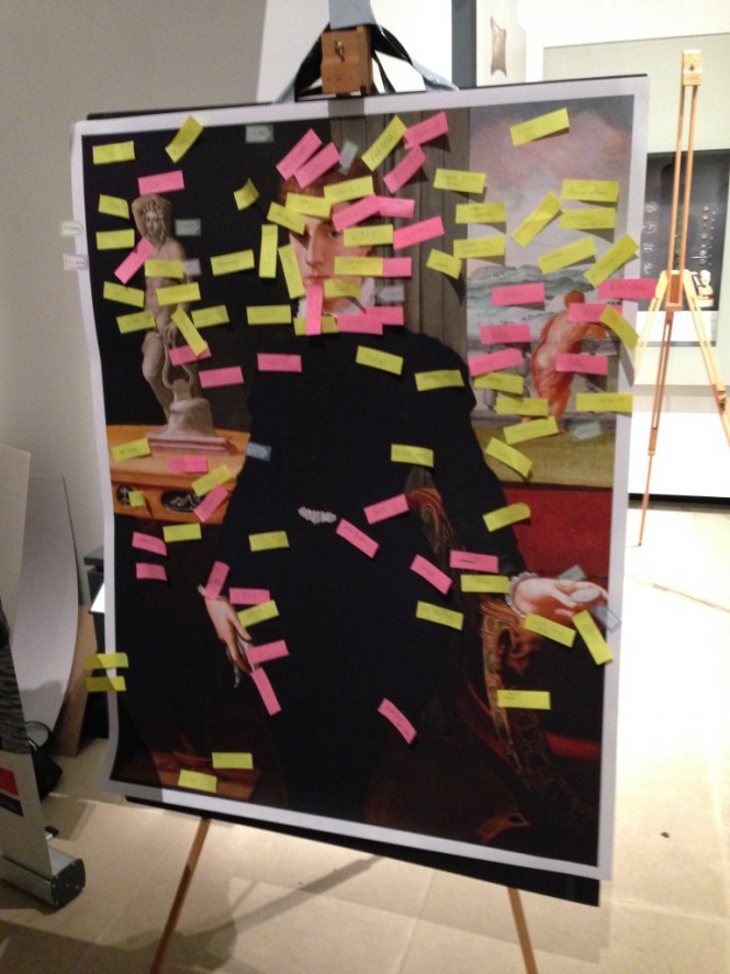 'Tags' from post-it notes stuck on a print of Portrait of a young Man.