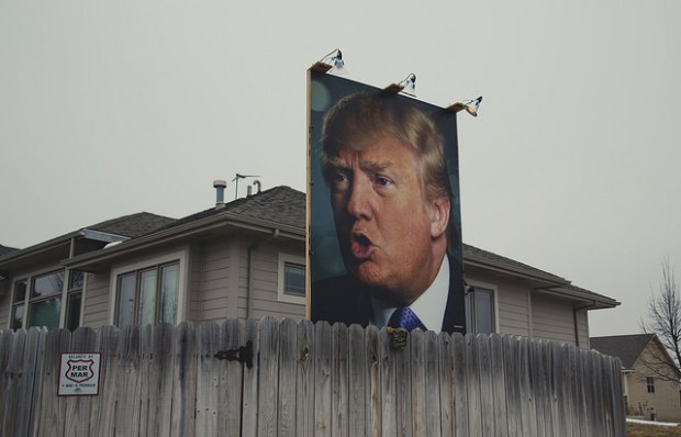 2016 presidential candidate Donald Trump in a residential backyard near Jordan Creek Parkway and Cody Drive in West Des Moines, Iowa, with lights and security cameras. Image by Tony Webster (Flickr).