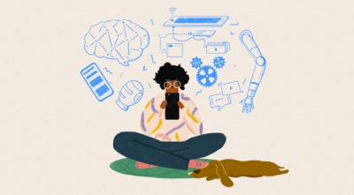 Cartoon depiction of a person sitting with dog using smartphone, surrounded by concept imagery of ai