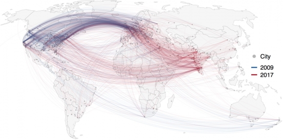 Figure 1 Global contributions to Stack Overflow in 2009 (blue) and 2017 (red): the geographies of the collaborations are changing