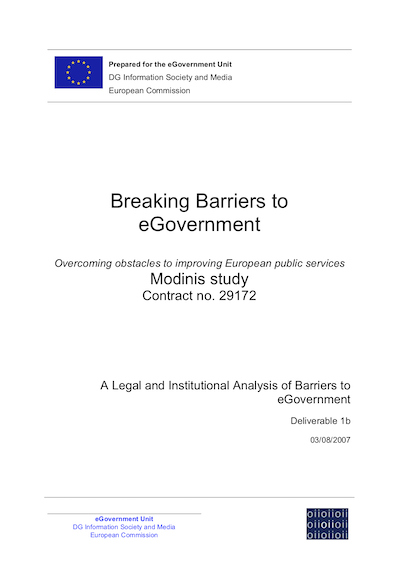 Cover of Breaking Barriers to eGovernment: Overcoming obstacles to improving European public services: A Legal and Institutional Analysis of Barriers to eGovernment