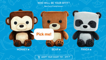 A screenshot from an app with three pictures of bears reads 'who will be your BFFF (Best Furry Friend Forever).' Below the bears is a button which says 'adopt your smart toy -$99.99.'