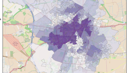 A screenshot of Open Street Maps, showing the density of alcohol licenses in Cambridge.