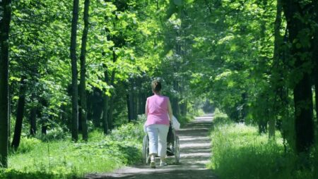 Person pushing someone in a wheelchair along a forest path.