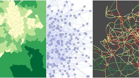 A map of some sort of boundaries in varying shades of green; a network map; and gps tracks in colours between green and red.