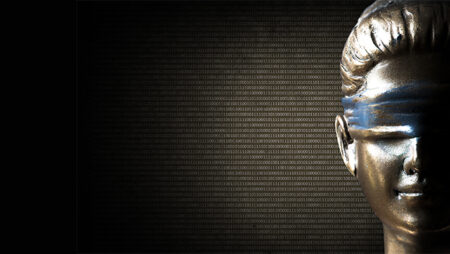 Stylised image of lady justice wearing a blindfold, over a background of gold binary 1s and 0s.
