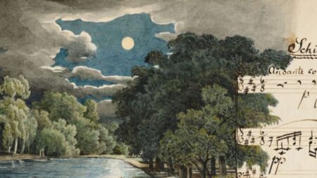 Schilflied (Reed Song) by Felix Mendelssohn, a page of sheet music with a watercolour drawn on the top left illustrating the moon over a lake.