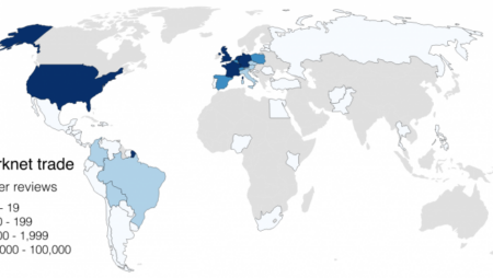 World map coloured by darknet trade: buyer reviews.
