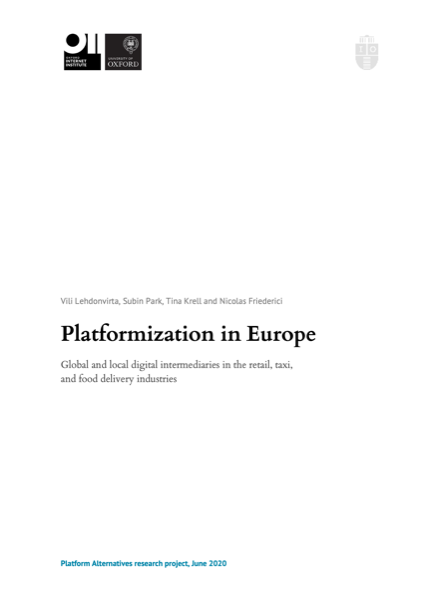 Cover of Platformization in Europe: Global and local digital intermediaries in the retail, taxi, and food delivery industries
