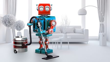 A robot vacuuming.