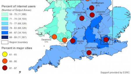 Figure 6. Estimated percentage of Internet users with largest cities. From Local Geographies of Digital Inequality, https://doi.org/10.1177/0894439317693332.