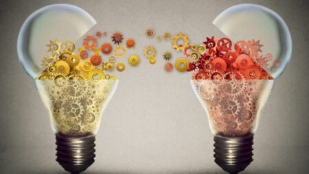 Illustration: yellow and red cogs emerging from light bulbs, which have open on the top half as if hinged.