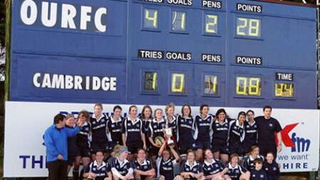 Oxford University Rugby Team pose in from of the scoreboard.