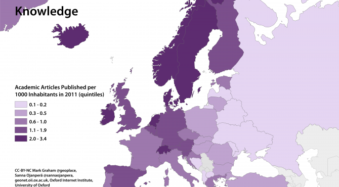 Map, coloured by Academic Articles Published per 1000 Inhabitants in 2011 (quintiles)