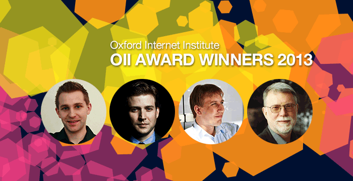Graphic: Oxford Internet Institute Award Winners 2013, with photos of John Seely-Brown, Alec Ross, Max Schrems, and Chris Lintott