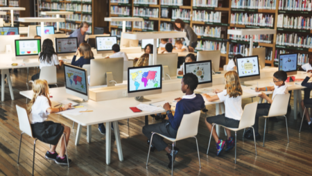 Kids using computers in a school