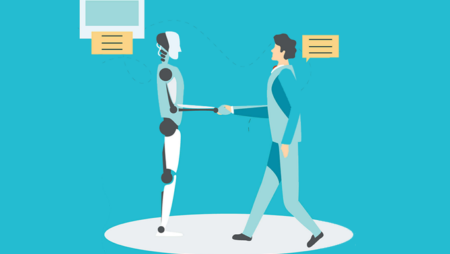 Image of robot recruiter greeting a human job applicant
