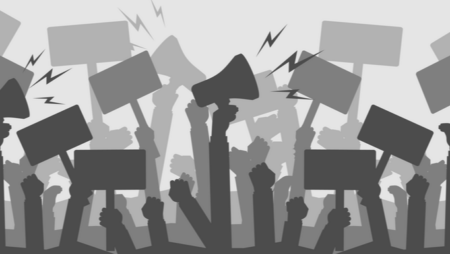 Illustration of crowd with placards and loudspeakers