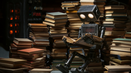 Old-fashioned robot reading books