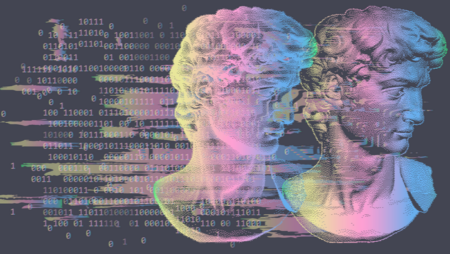 3D rendering of Michelangelo's David head in pixel art 8-bit style with glitchy effect