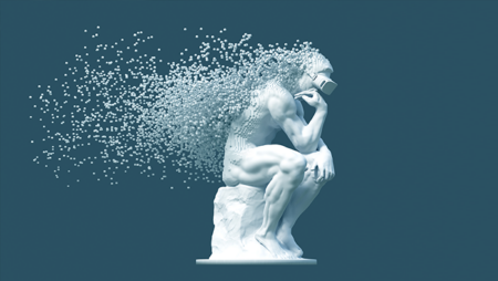 Disintegrating sculpture of the thinker wearing VR glasses