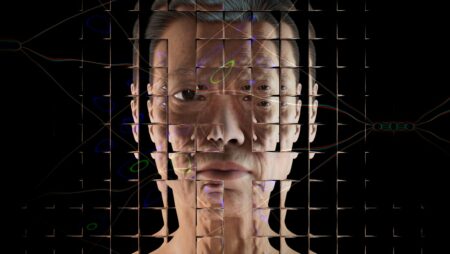 A photographic rendering of a simulated middle-aged white woman against a black background, seen through a refractive glass grid and overlaid with a distorted diagram of a neural network.