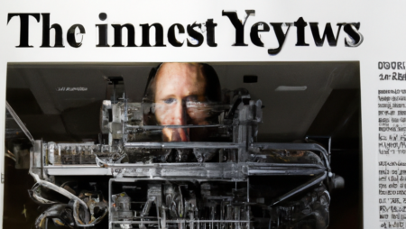 A high-resolution photograph of the front page of the New York Times which features a large, surrealist photo of an AI-operated printing press