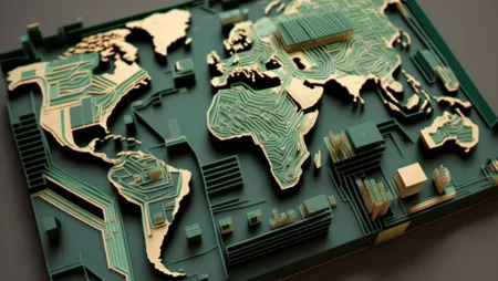 3d topographic world map view with detailed circuit board textures