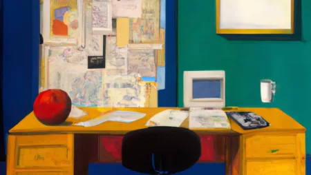 an oil painting by Matisse of a desk in a newspaper office, created using DALL-E.