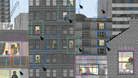 Building blocks are overlayed with digital squares that highlight people living their day-to-day lives through windows. Some of the squares are accompanied by cursors.