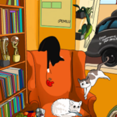 An illustration of four cats in a room with an armchair and books.