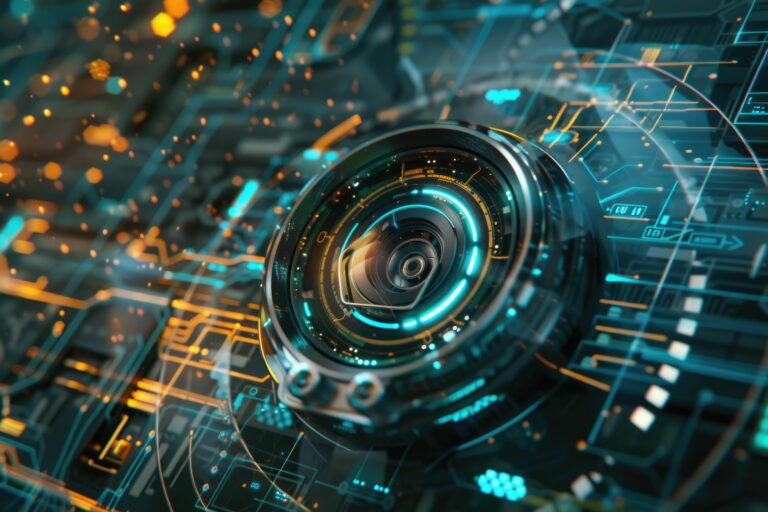 Camera lens shown on digital background