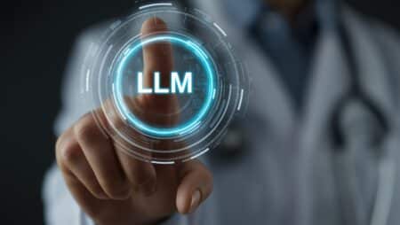 Doctor's hand touching a glowing circular interface with 