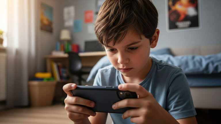 Child on mobile stock image